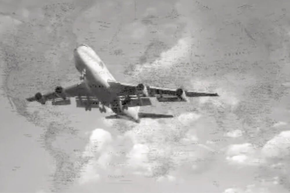 A black and white photo of an airplane flying through the clouds.