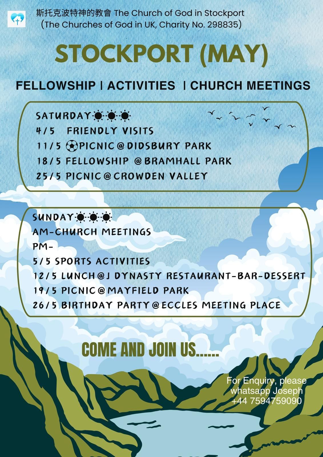 A poster for stockport may fellowship activities and church meetings