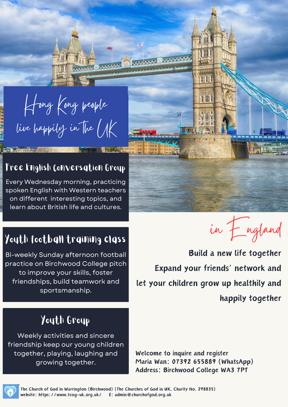 A flyer with a picture of the tower bridge in england.