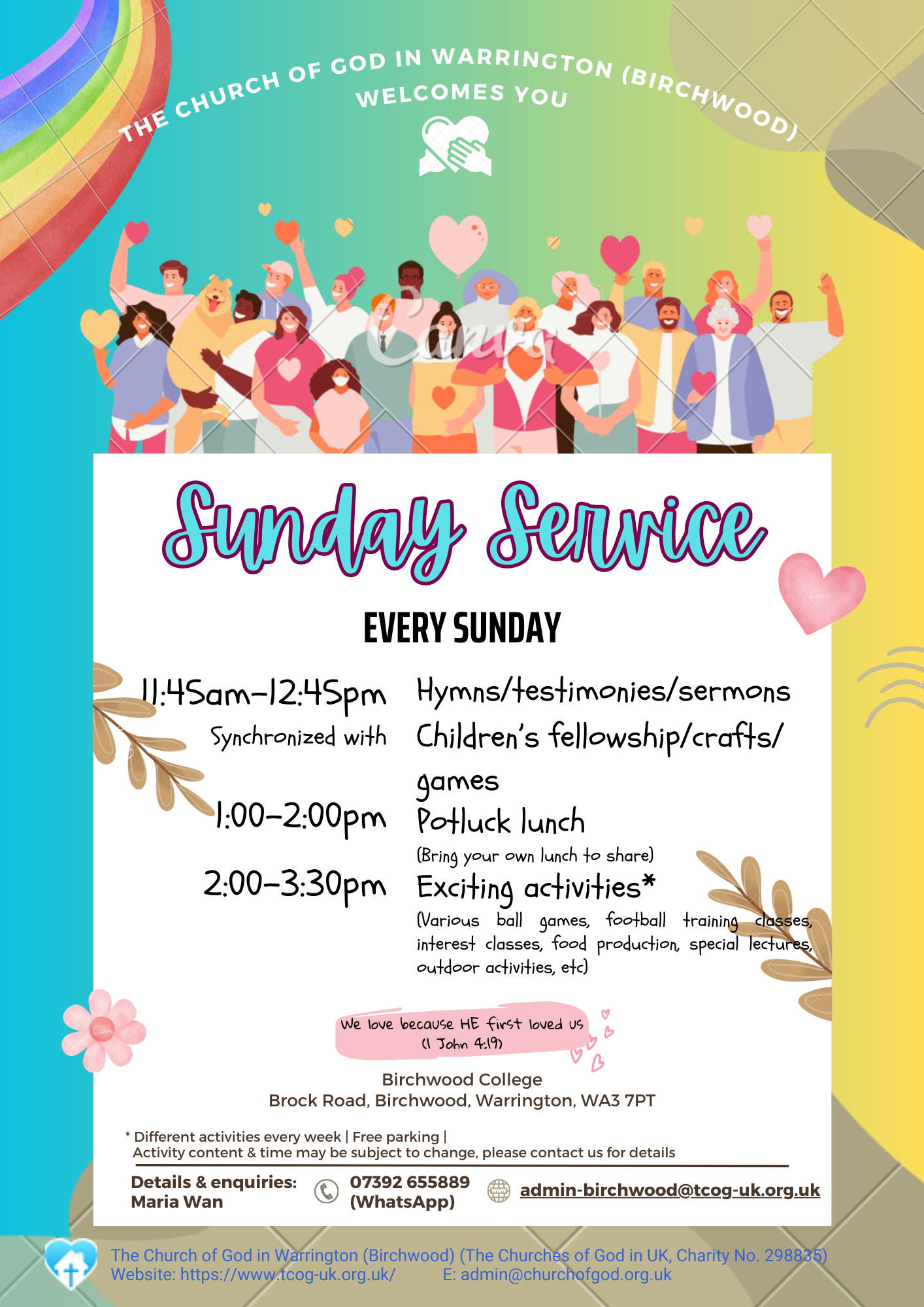 A sunday service poster for a church with a rainbow in the background.