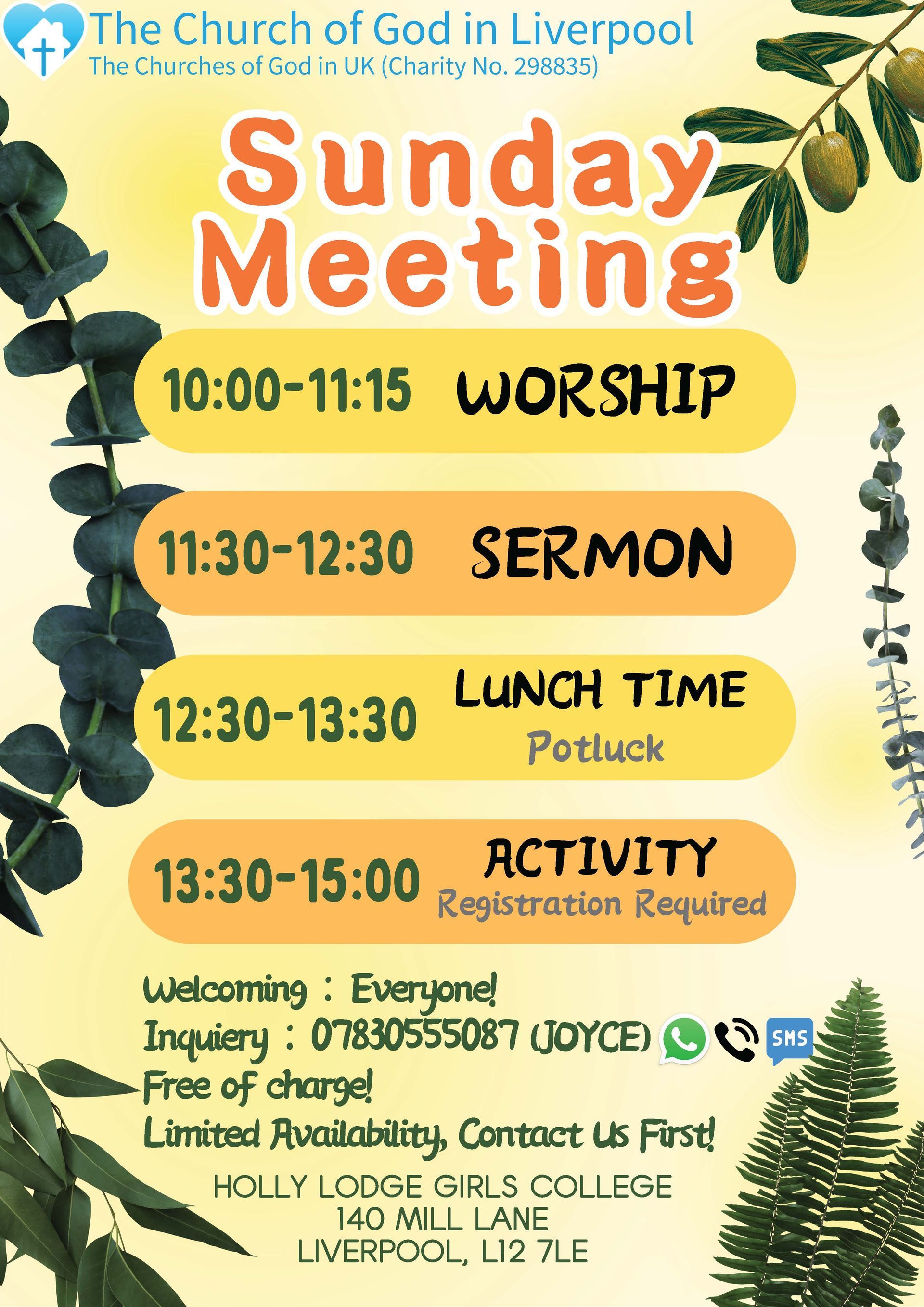 A poster for a sunday meeting at the church of god in liverpool