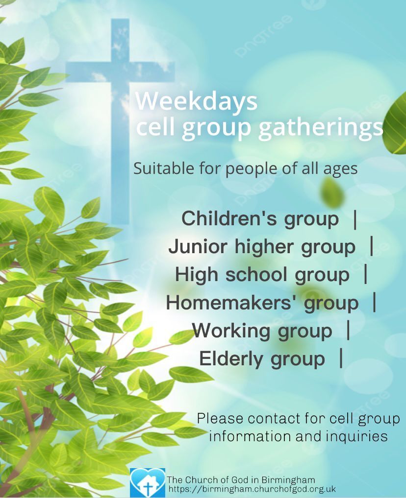 A poster for weekdays cell group gatherings suitable for people of all ages