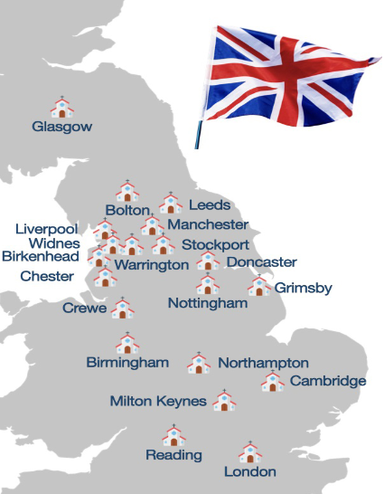 map of UK with cities highlighted