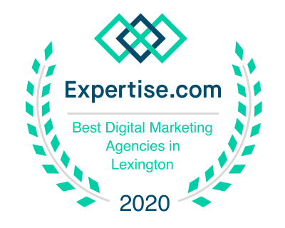 Expertise.com award: Best Digital Marketing Agencies in Lexington, 2020. Green laurel wreath, blue and teal logo.