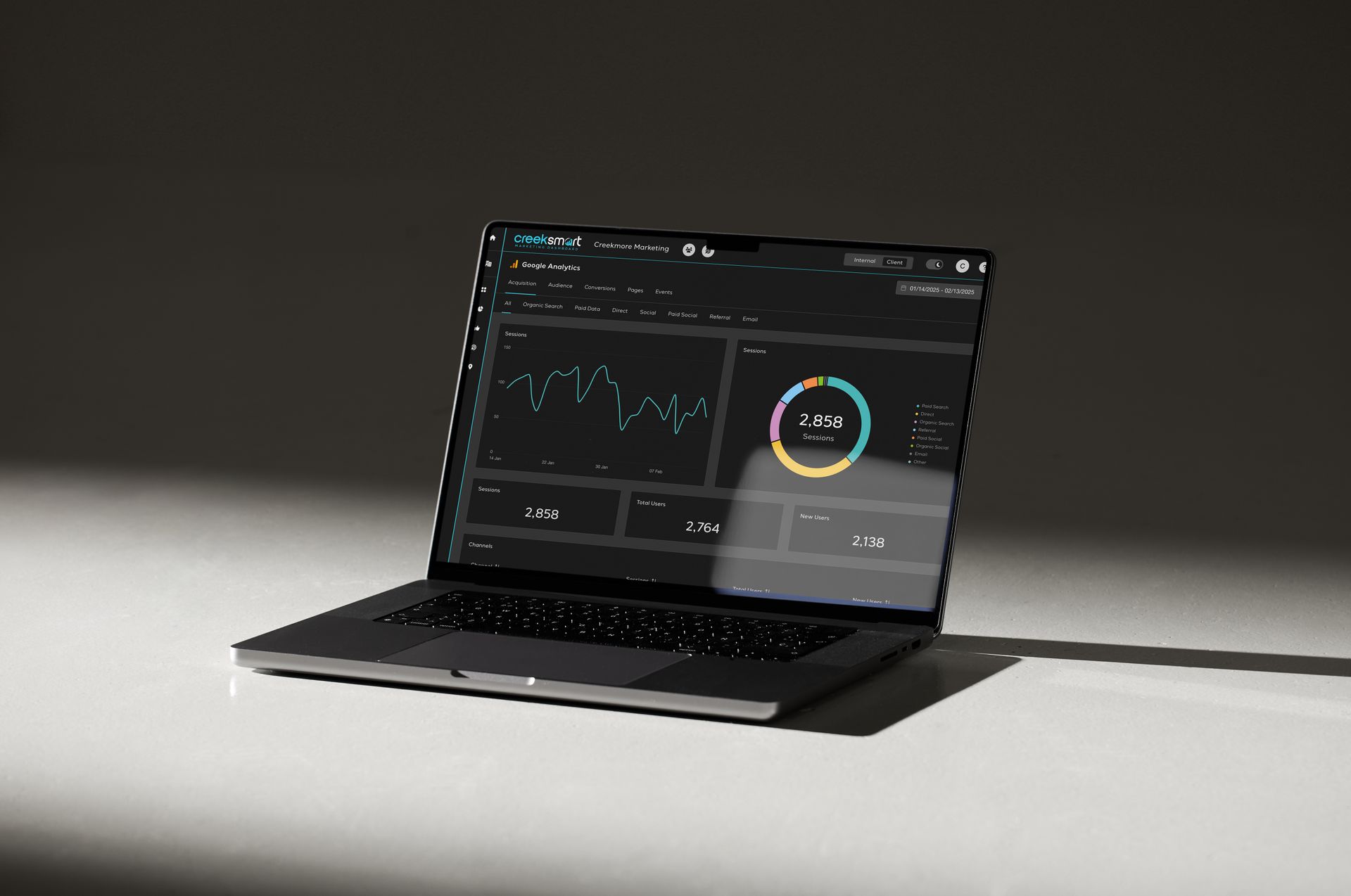 Mockup of open laptop showing the new CreekSmart Marketing Dashboard