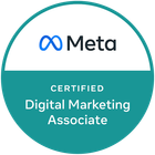 Meta Certified Digital Marketing Associate badge: Teal and white circular logo with Meta logo and text.