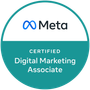 Meta Certified Digital Marketing Associate badge: Teal and white circular logo with Meta logo and text.
