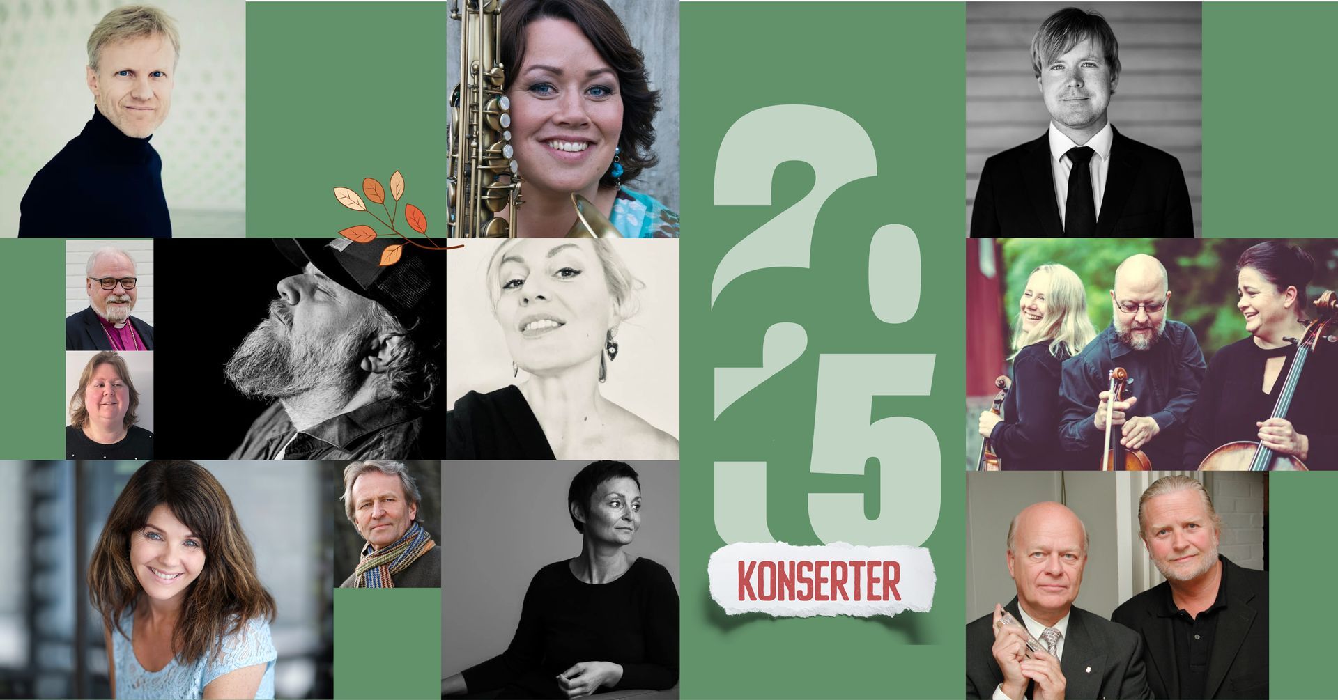 2015 concert poster with photos of musicians and green background,