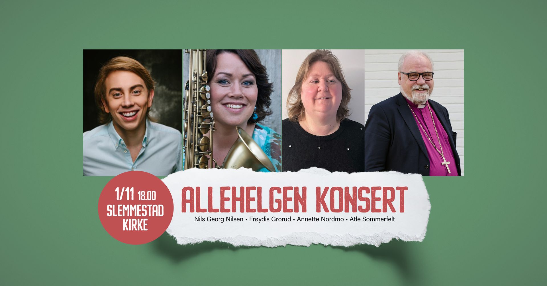 Concert poster with four people: musician, saxophonist, woman, and bishop, titled 
