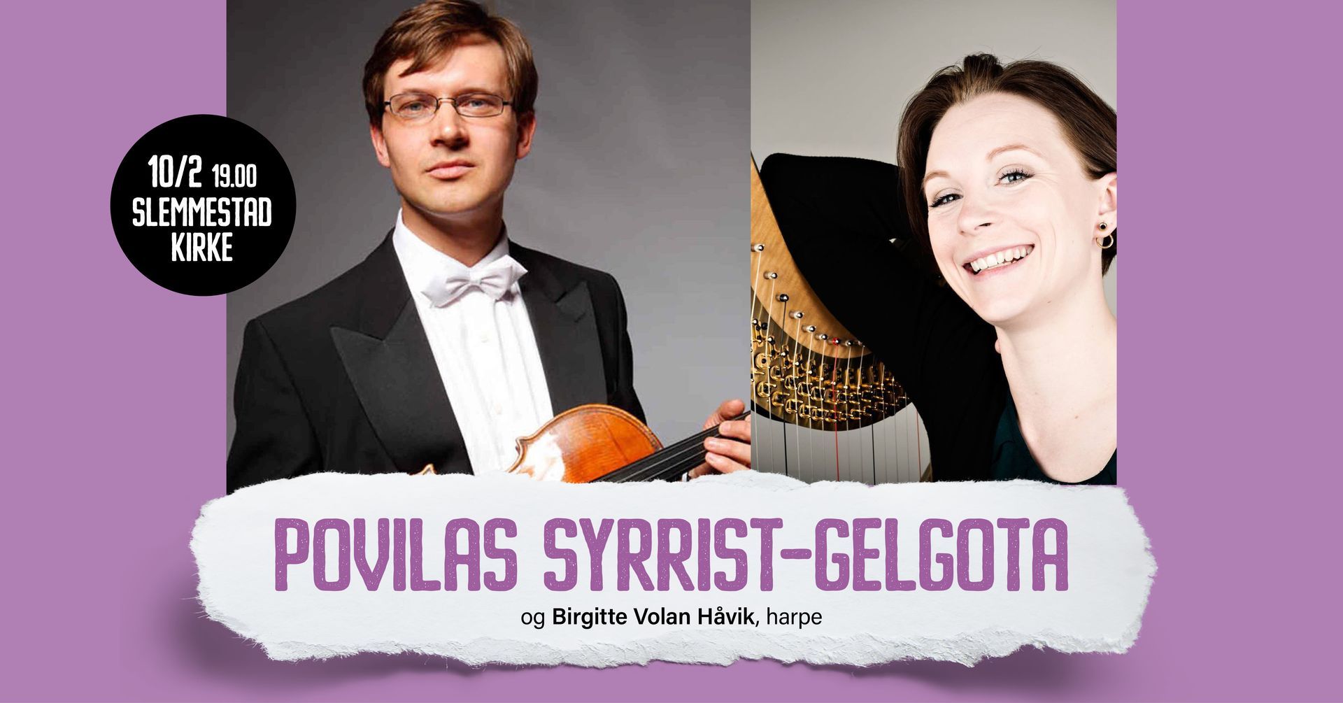 Musicians Povilas Syrrist-Gelgota in formal wear, smiling woman, concert poster.