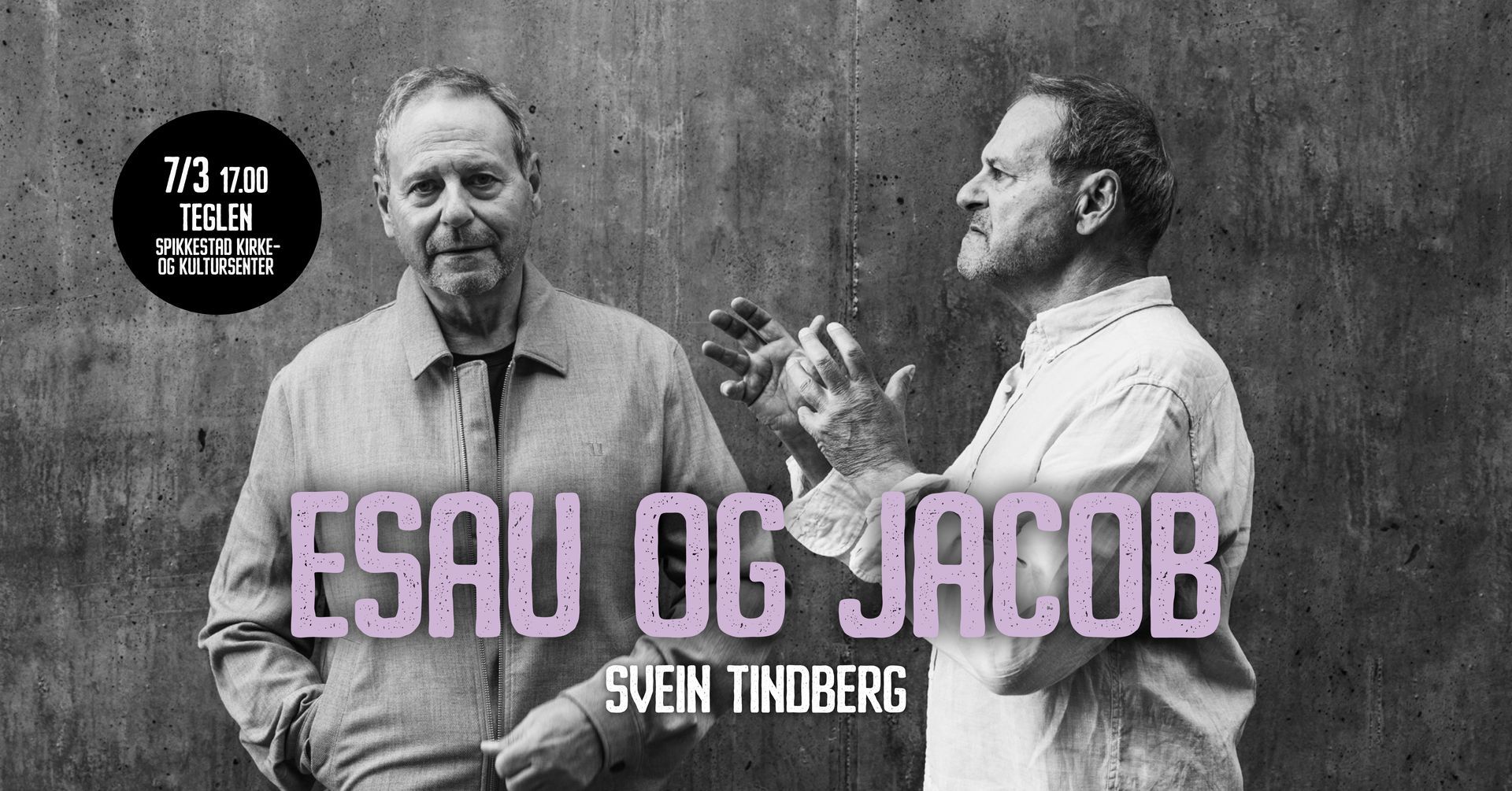 Two men in front of a wall, text