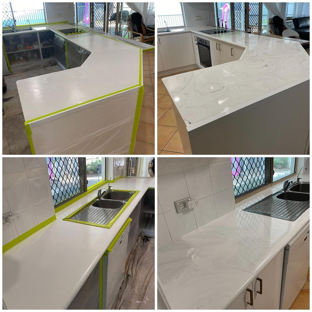 A Collage of Four Pictures of a Kitchen Counter Being Painted — Supremacy Painting Co In White Rock, QLD