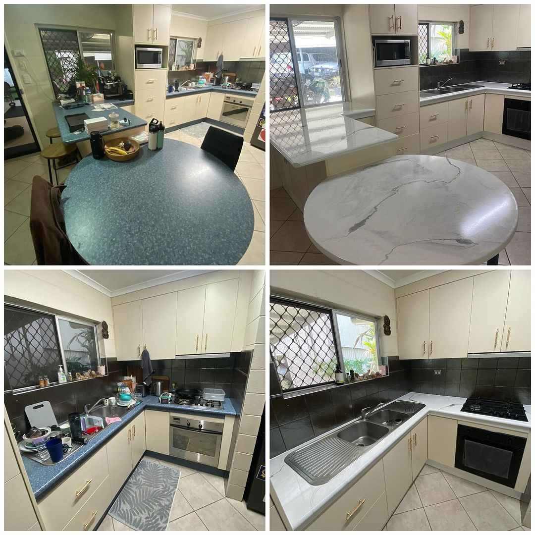 A Collage of Four Pictures of a Kitchen With White Cabinets — Supremacy Painting Co In White Rock, QLD