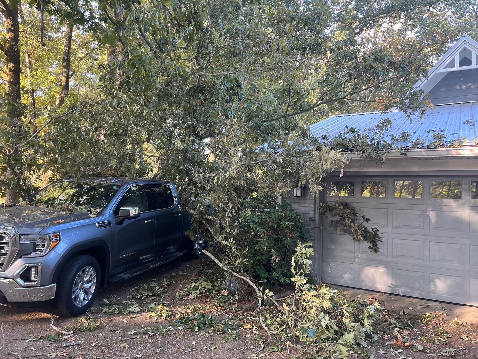 Silver truck crushed by tree limbs in front of a garage.