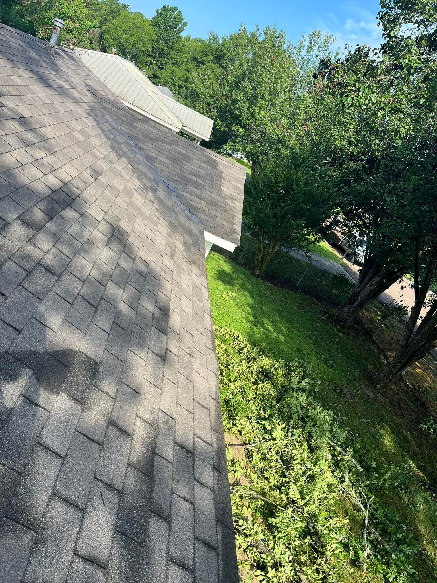 A gray shingled roof edge next to a grassy slope and trees under a blue sky.