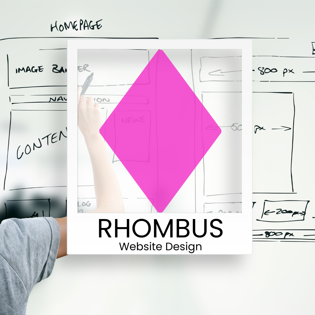 Rhombus website design is written on a white board
