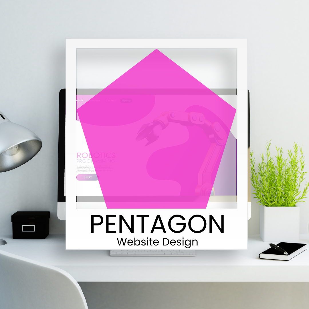 A poster for pentagon website design is sitting on a desk next to a computer.