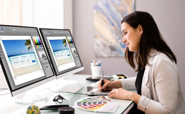 A woman is sitting at a desk working on a computer.