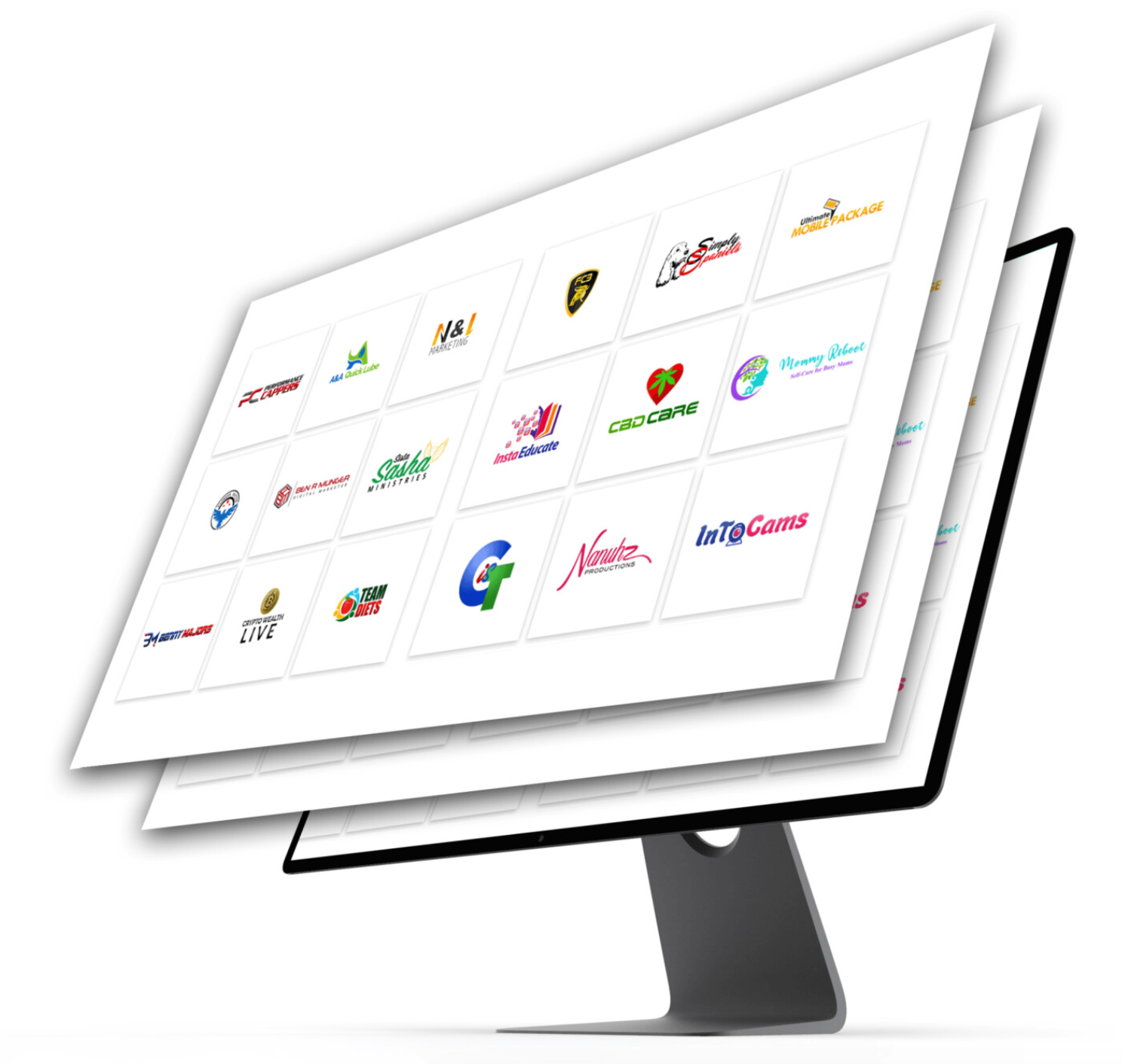 A computer monitor with a bunch of logos on it