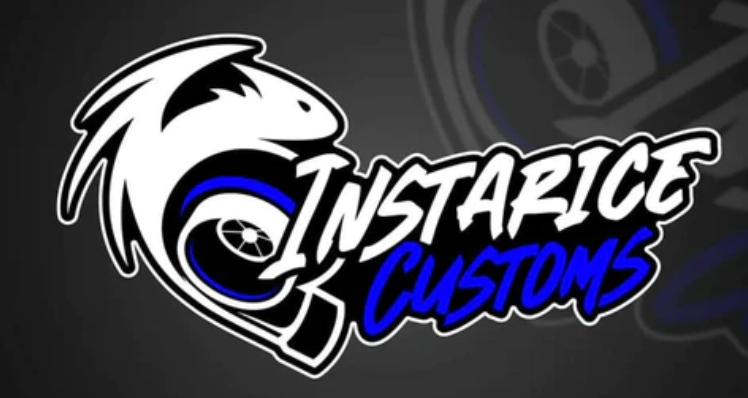 A logo for instarice customs with a shark on it