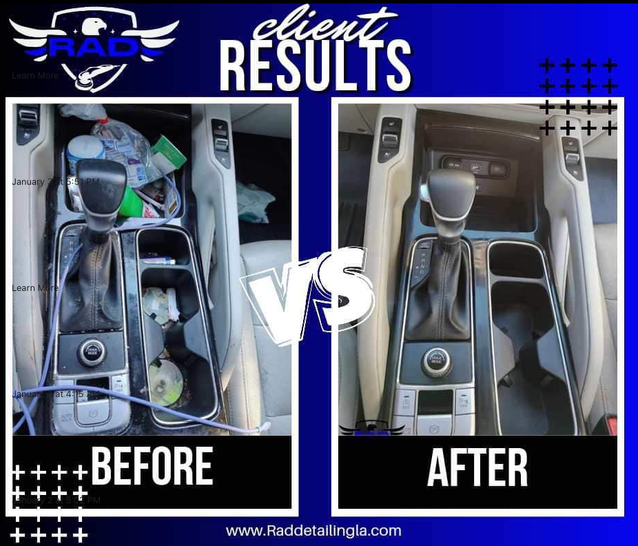 A before and after picture of the interior of a car.