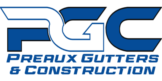 A blue and white logo for preaux gutters and construction