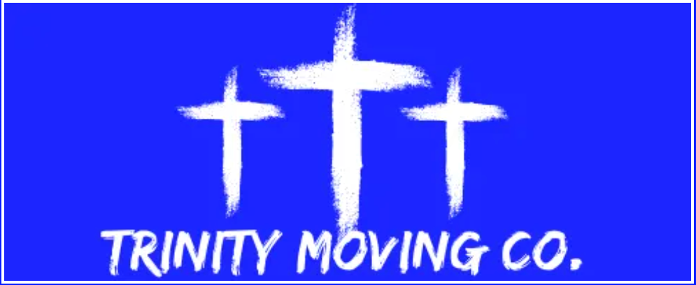 Trinity moving co. logo with three crosses on a blue background