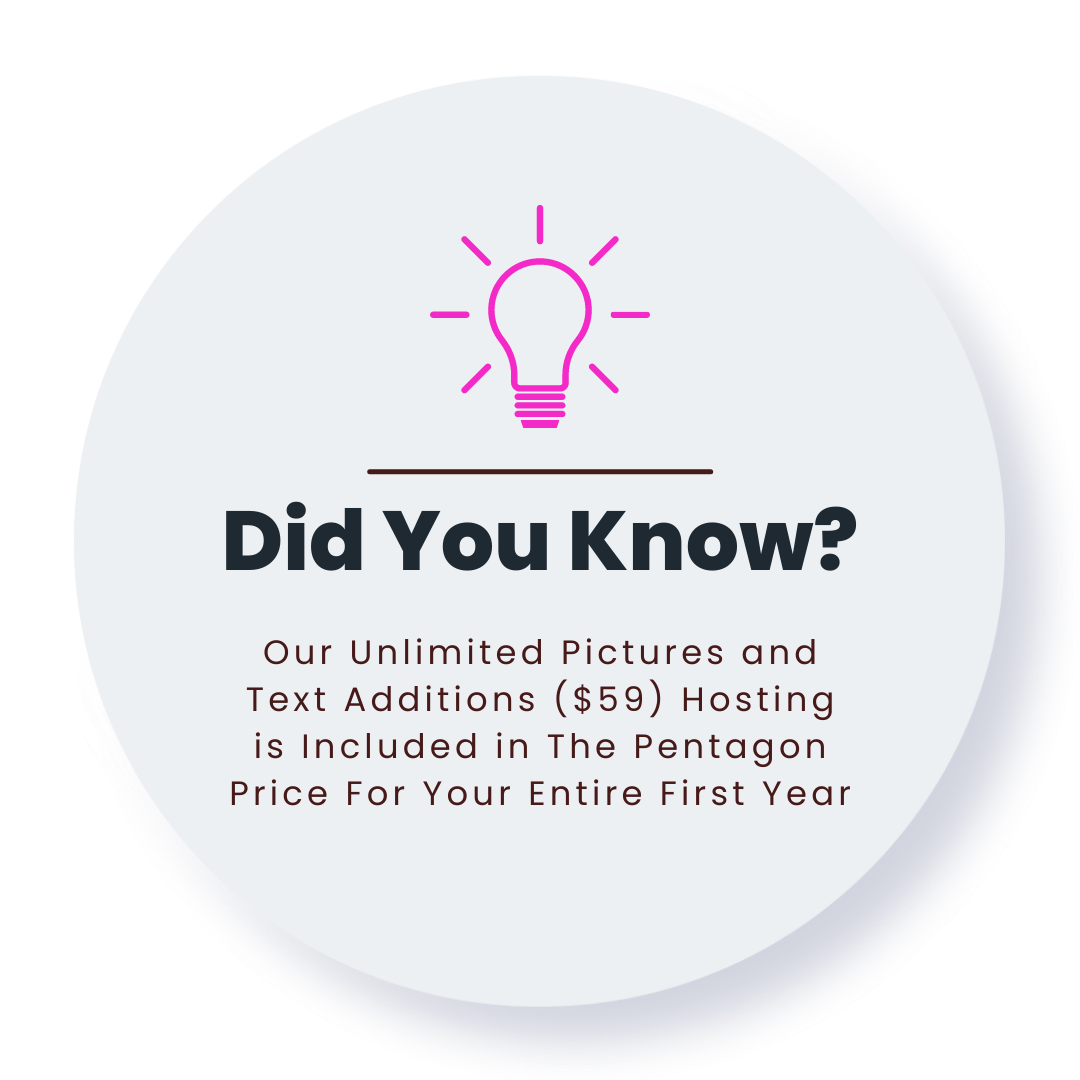 Did you know ? our unlimited pictures and text additions ( $ 59 ) hosting is included in the pentagon price for your entire first year.