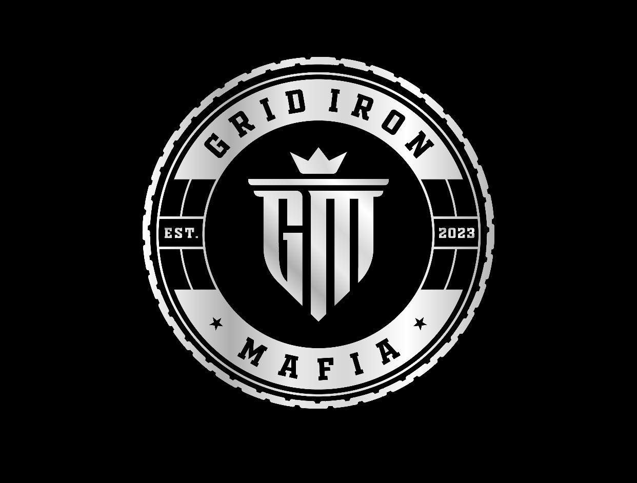 A black and white logo for grid iron mafia