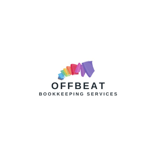 A logo for offbeat bookkeeping services with a rainbow of books on a white background.