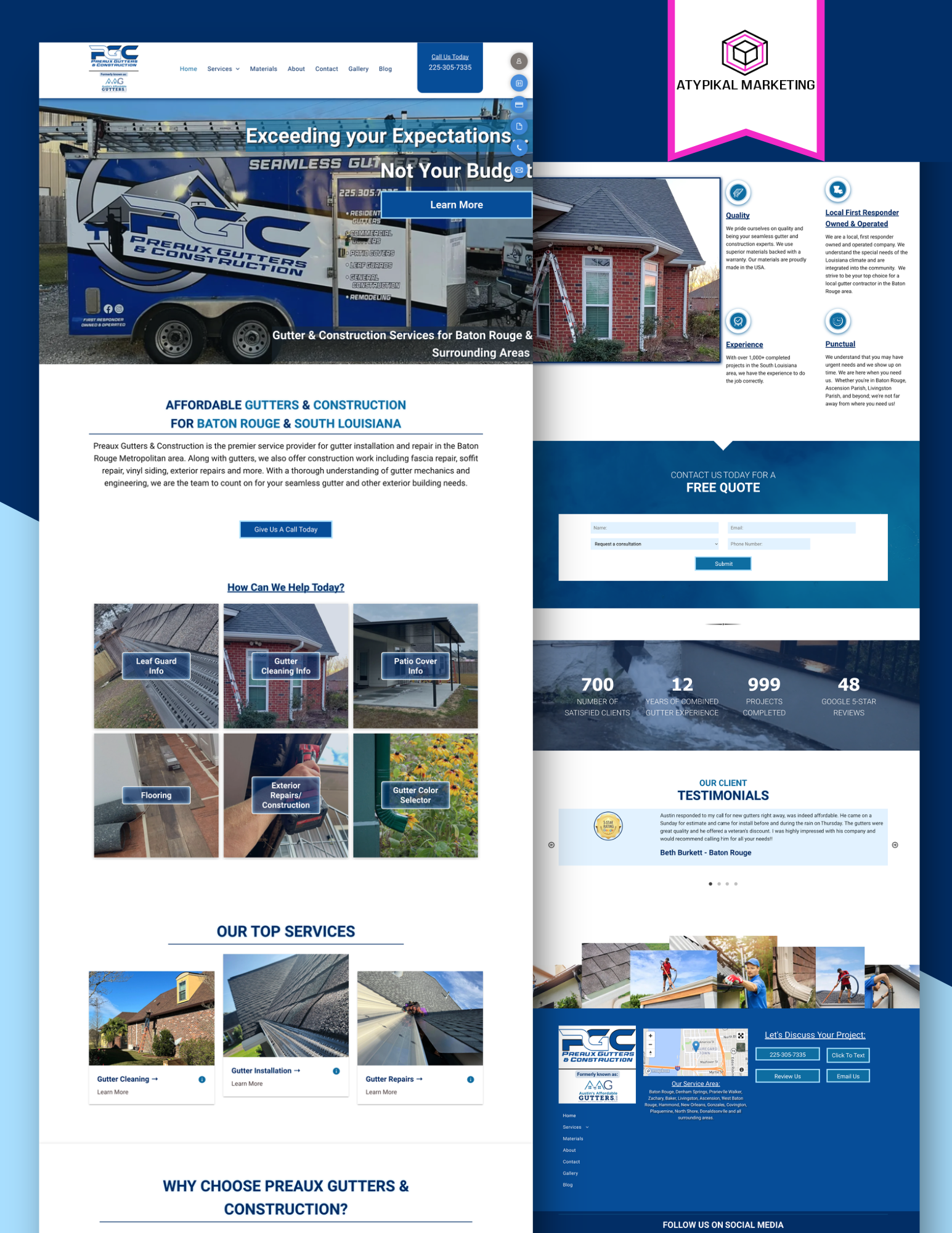 A website for a roofing company with a truck in the background.