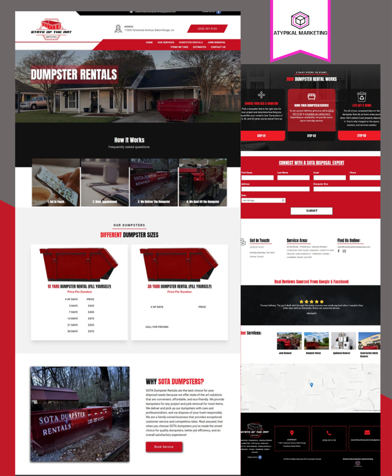 A collage of images of a website for dumpster rentals.