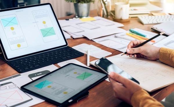 A person is sitting at a desk using a tablet and a laptop.