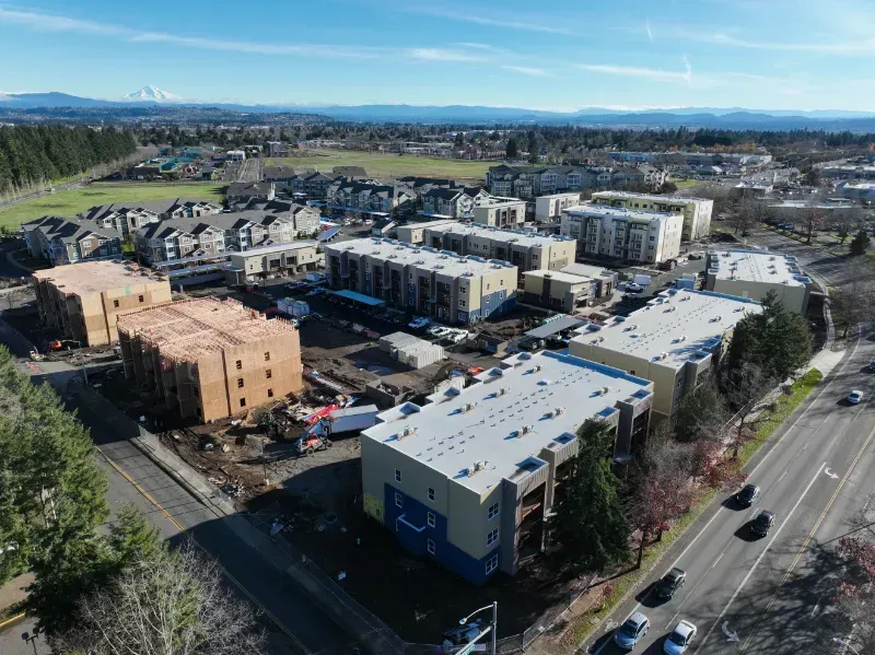 An aerial view of a residential area with a lot of buildings under construction in Vancouver, WA