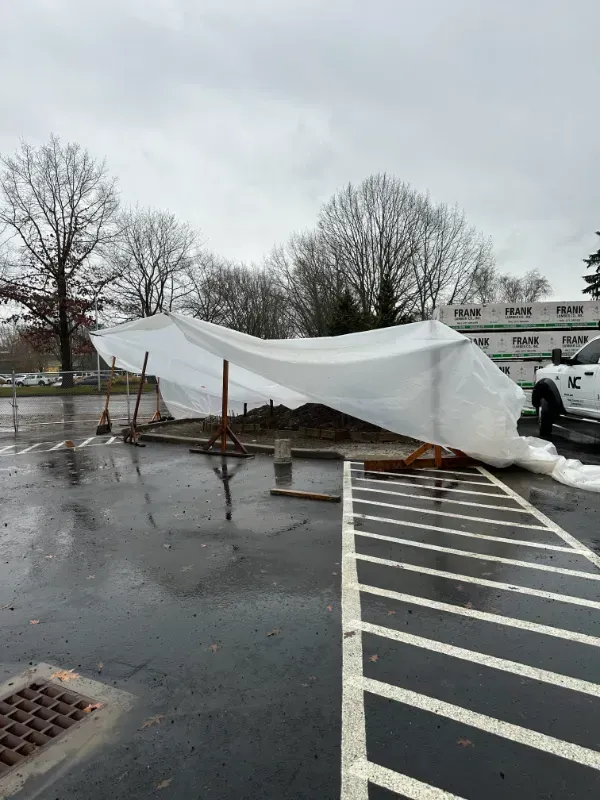An aerial view of a construction site in front of a building in Vancouver, WA