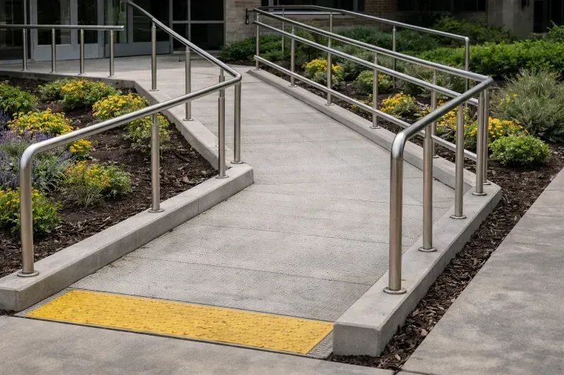 Concrete ADA ramp with metal handrails for accessibility, leading to a building entrance.