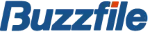 A blue and white logo for buzzfile on a white background