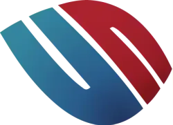 A blue and red logo on a white background.
