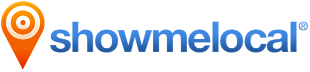 A blue and orange logo for showmelocal