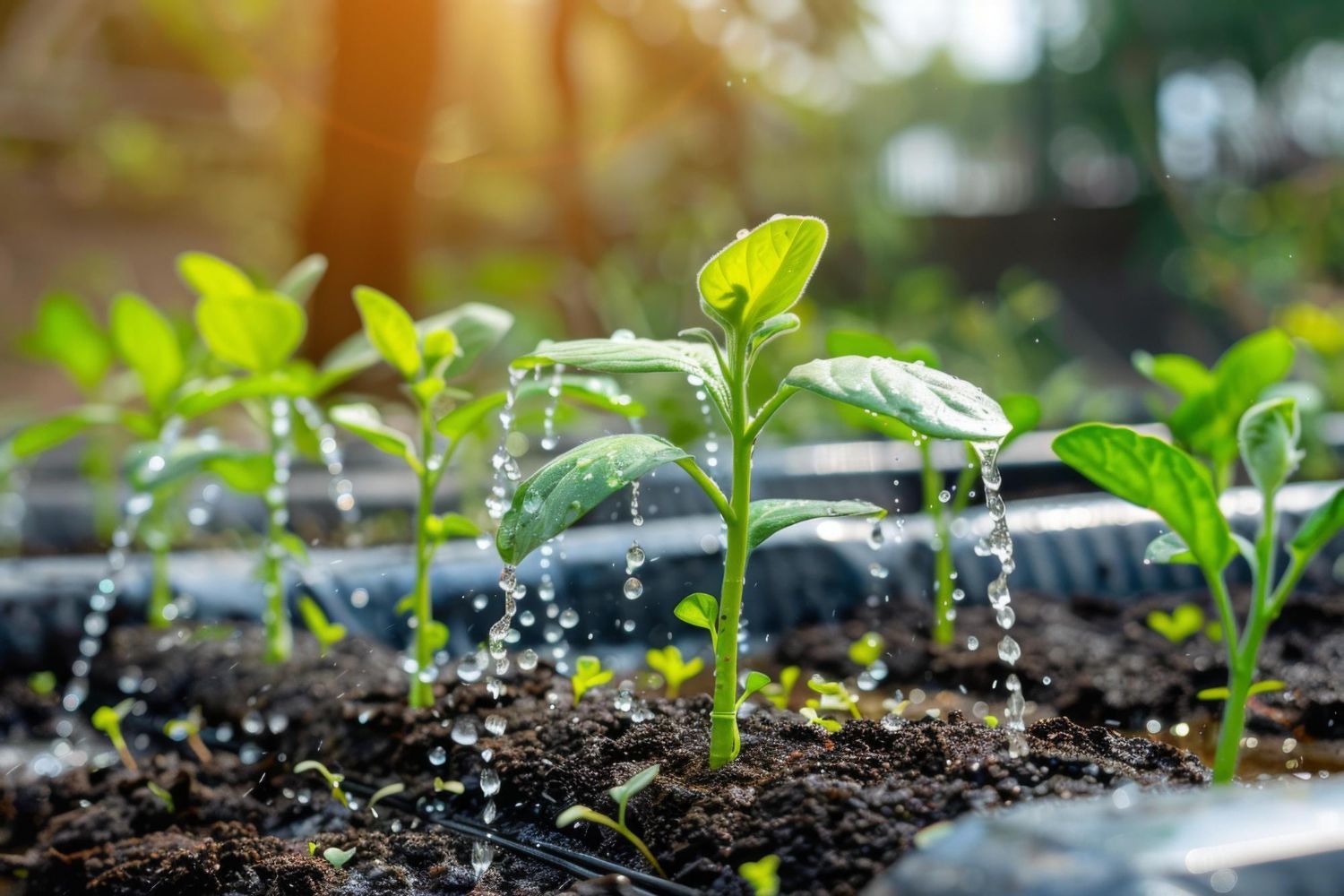 A close up of a plant being watered in a garden.