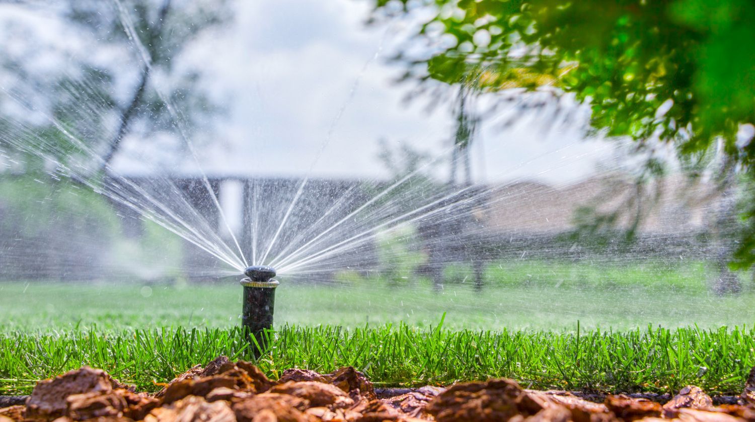 A sprinkler is spraying water on a lush green lawn.