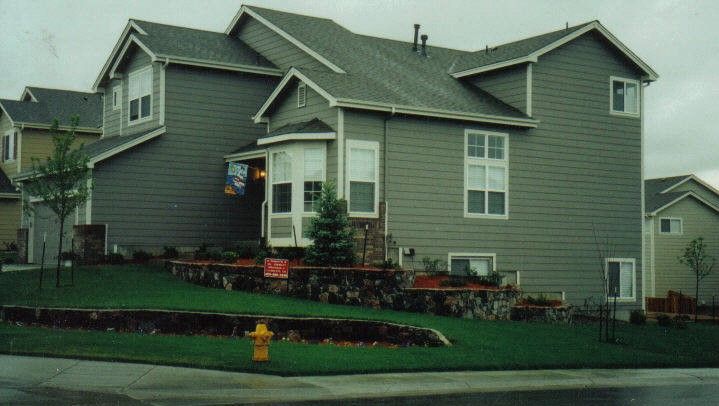 Green two-story house with a small lawn and retaining wall. A yellow fire hydrant is in the foreground.