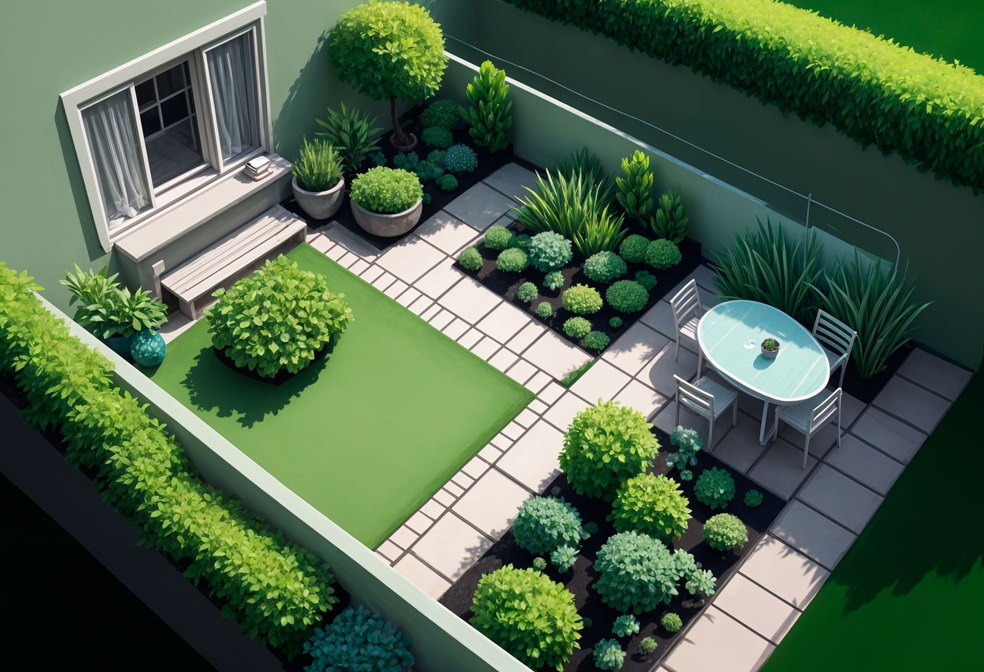 An aerial view of a garden with a table and chairs.