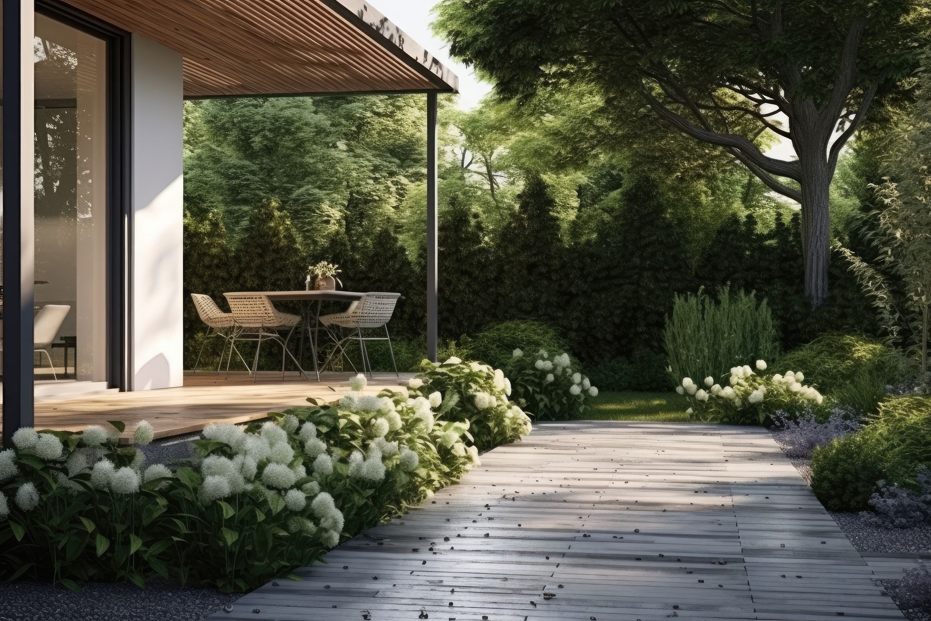 A wooden walkway leading to a patio with a table and chairs.