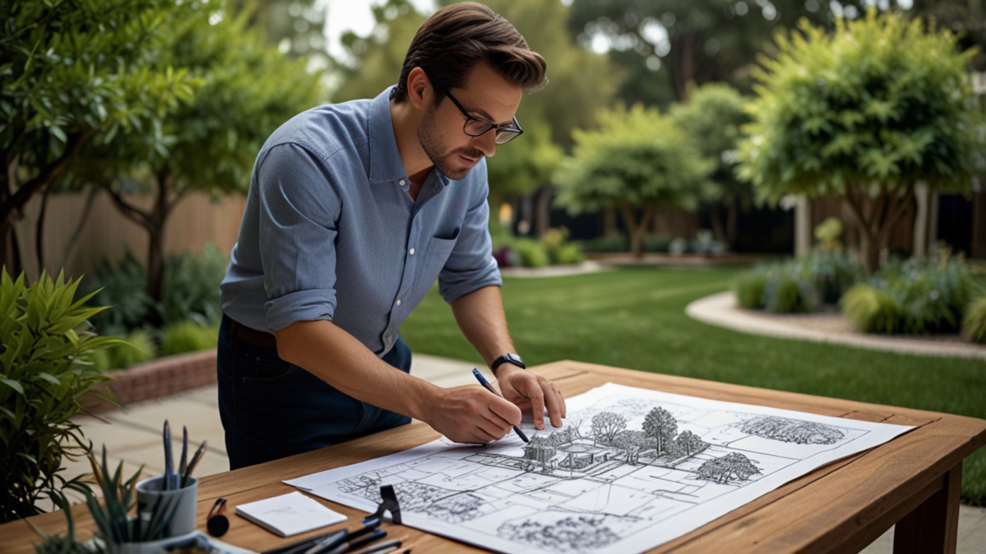 A man is sitting at a table drawing on a piece of paper.