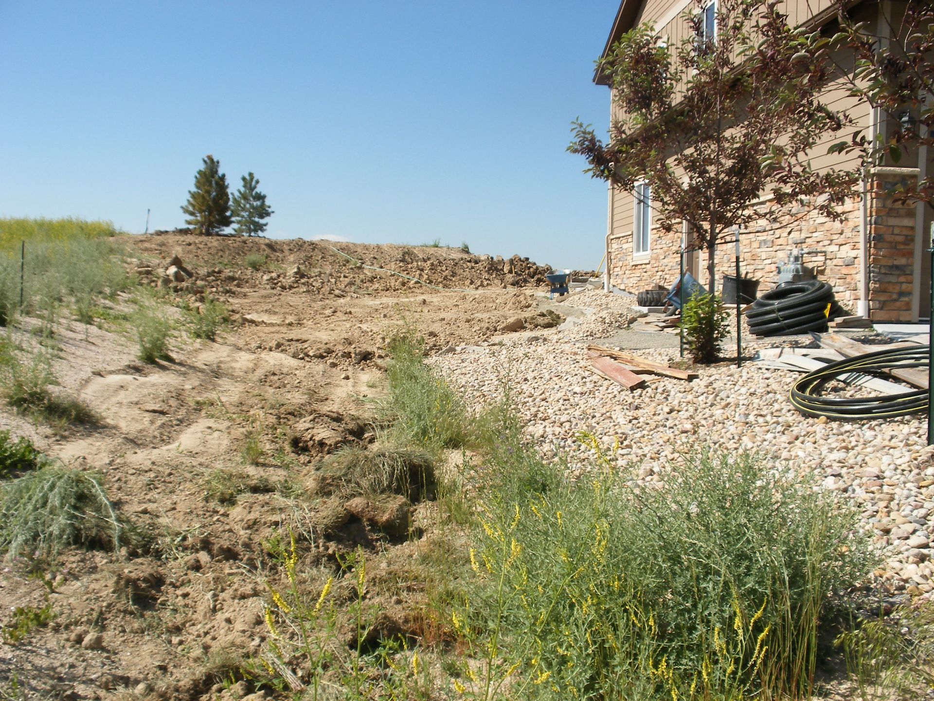 A yard with dirt and gravel landscaping beside a brick house. Some weeds and a small tree are visible.