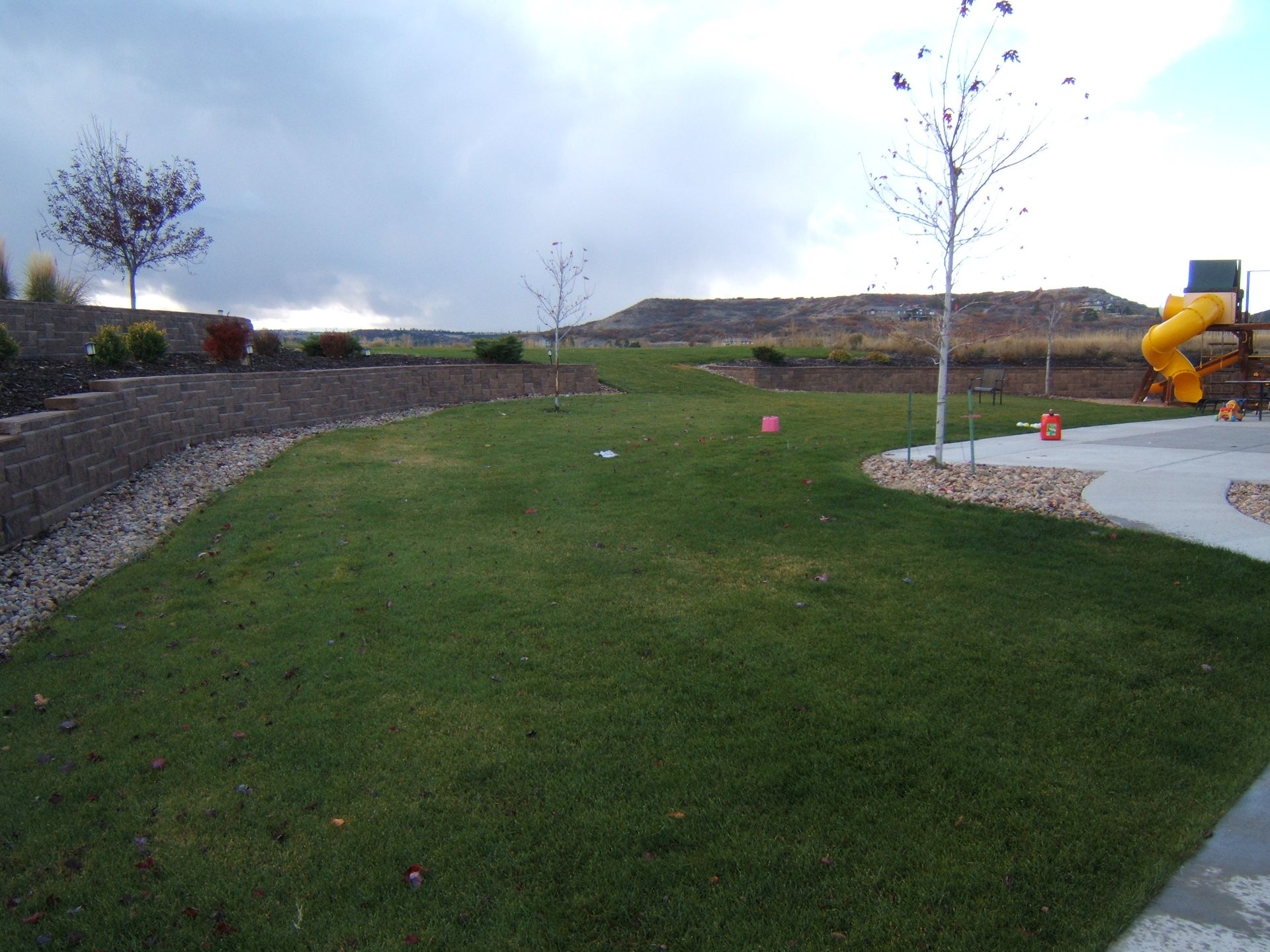 Green lawn with a playground, two small trees, and a dark, cloudy sky in the background.