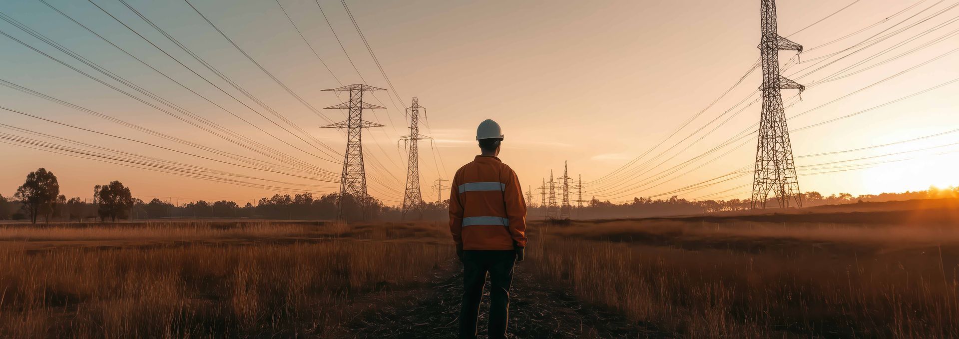 Worker in a field with many telephone poles