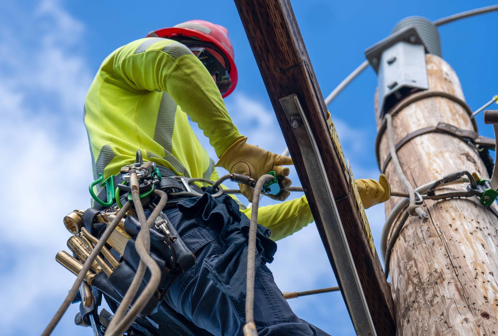 Worker up a telephone pole