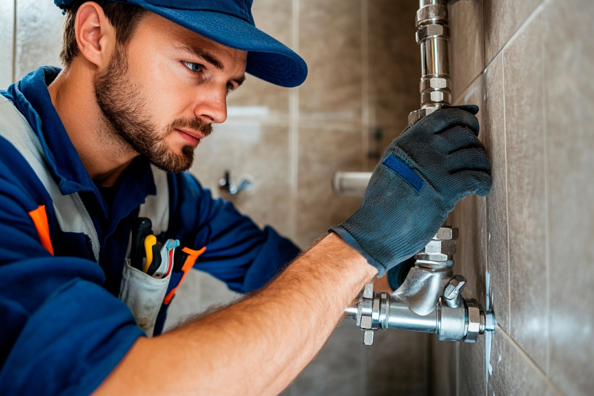 A plumber is fixing a pipe in a bathroom.